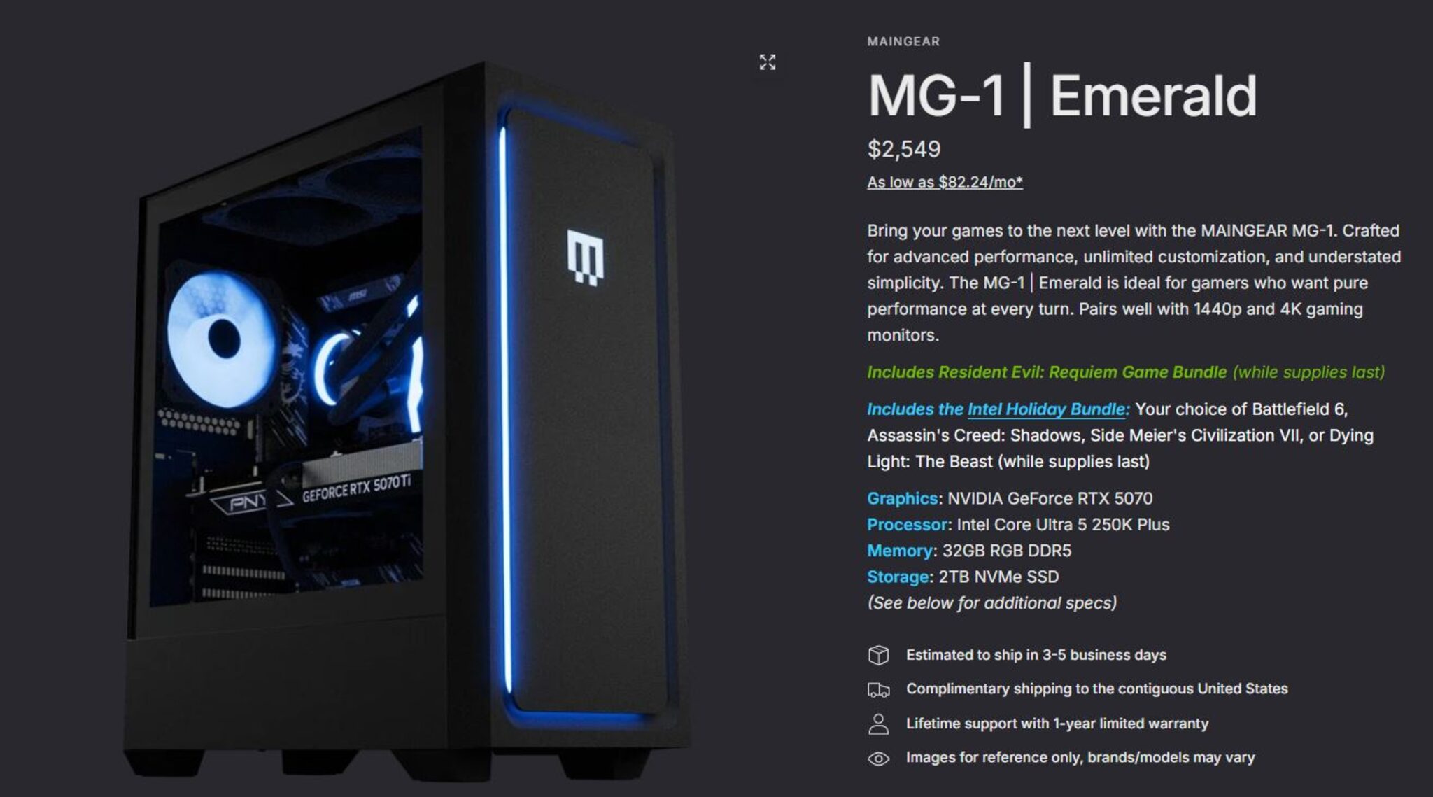 MAINGEAR MG-1 Emerald Intel Core Ultra 5 250K Plus RTX 5070