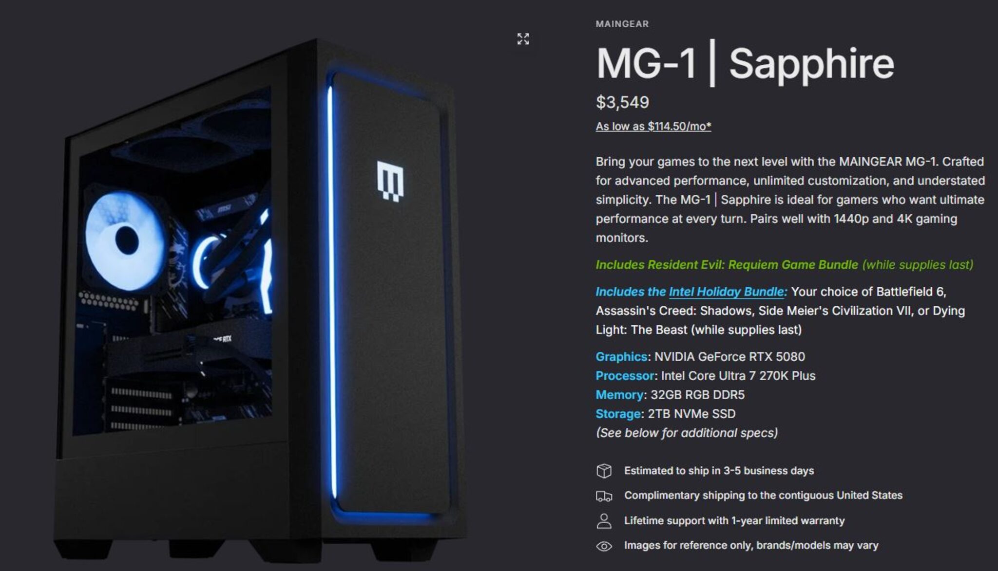MAINGEAR MG-1 Sapphire Intel Core Ultra 200S Plus RTX 5080