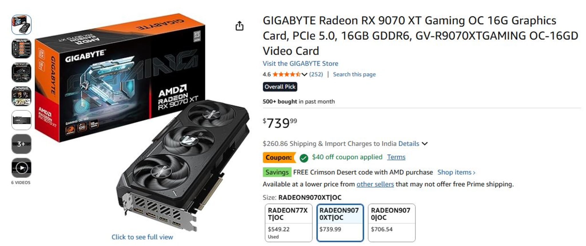 GIGABYTE Radeon RX 9070 XT deal Amazon 699 USD