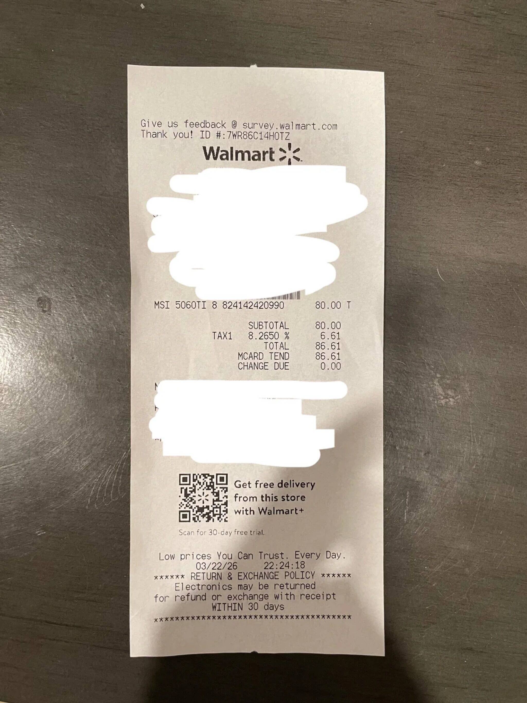 Hóa đơn Walmart xác nhận RTX 5060 Ti 8GB giá 80 USD