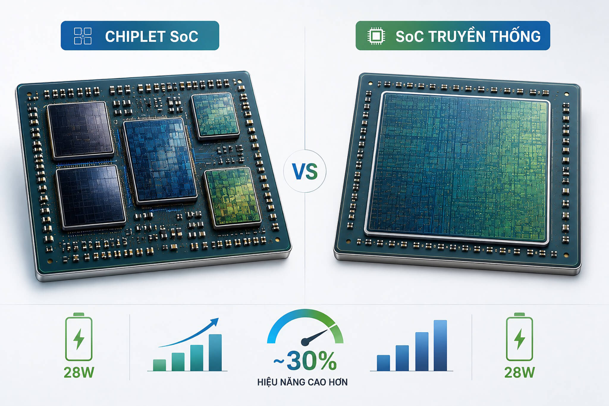 Chiplet SoC và SoC truyền thống 2026: vì sao cùng 28W lại lệch 30% hiệu năng?