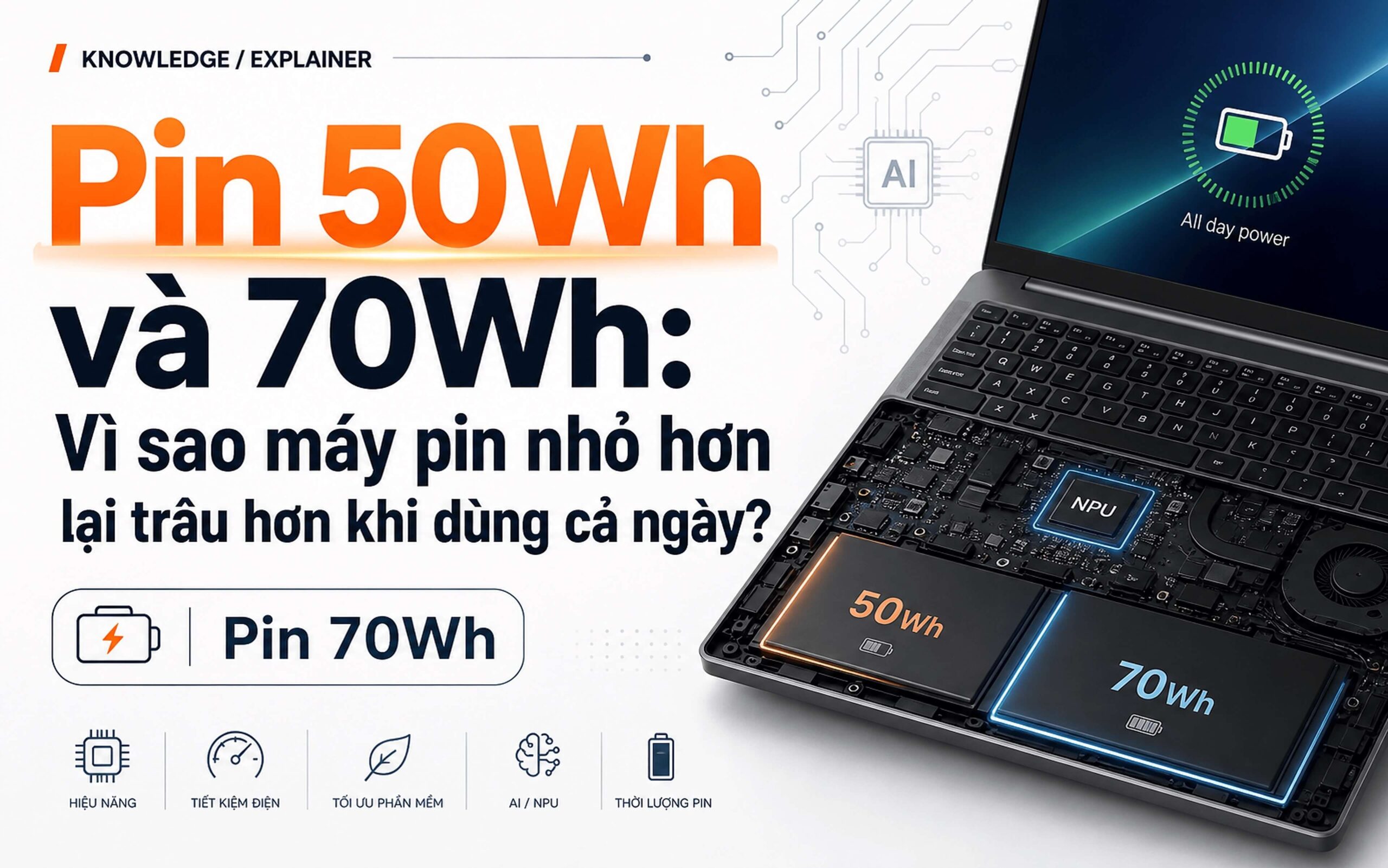 Pin 50Wh và 70Wh: Vì sao máy pin nhỏ hơn lại trâu hơn khi dùng cả ngày?