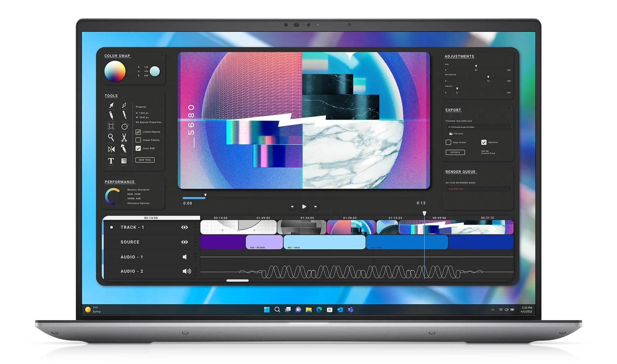 Màn hình OLED UHD+ Dell Precision 5680 hiển thị phần mềm đồ họa với độ chính xác màu 100% AdobeRGB