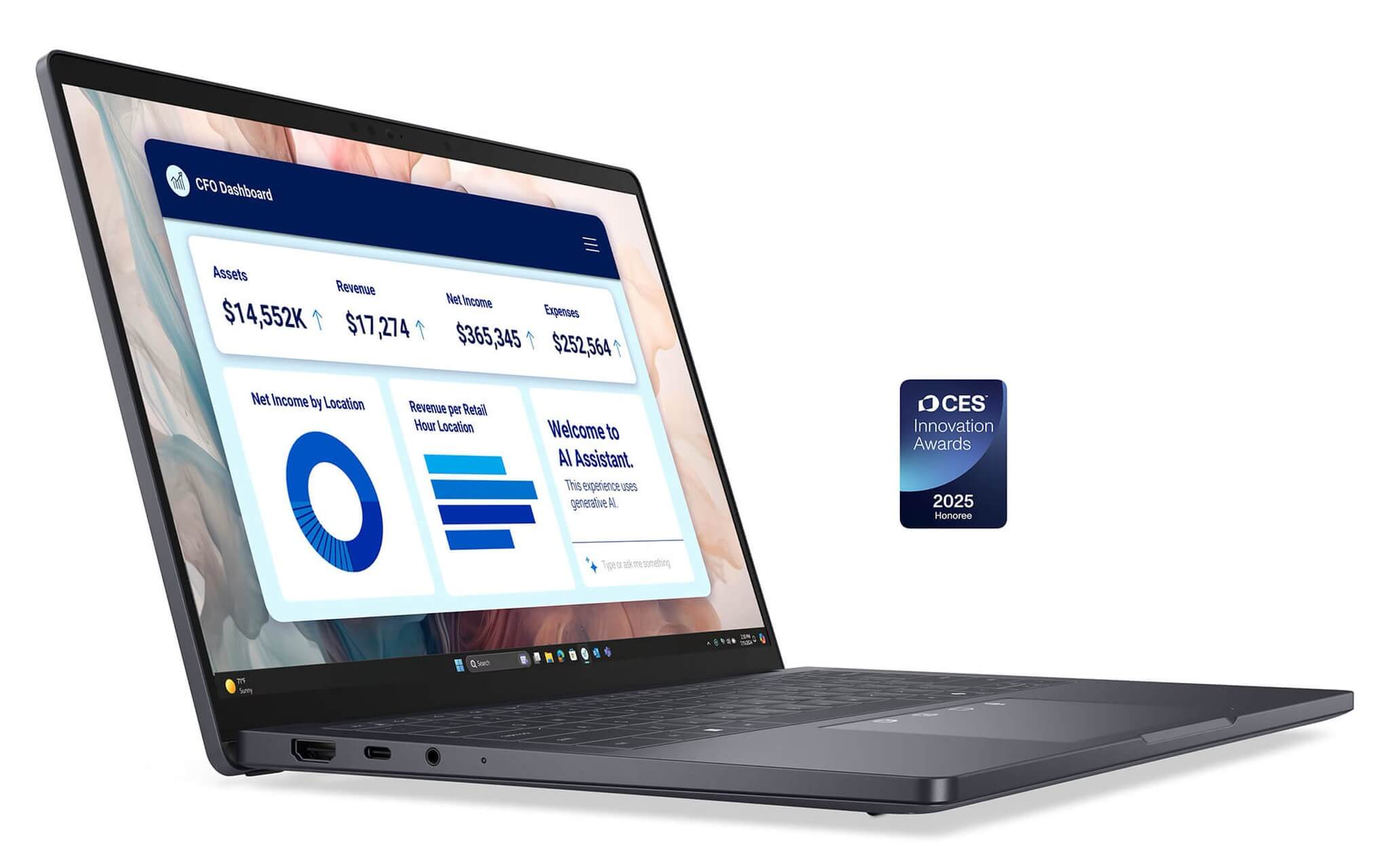 Màn hình Dell Pro 14 Premium PA14250 hiển thị bảng tính và biểu đồ doanh thu