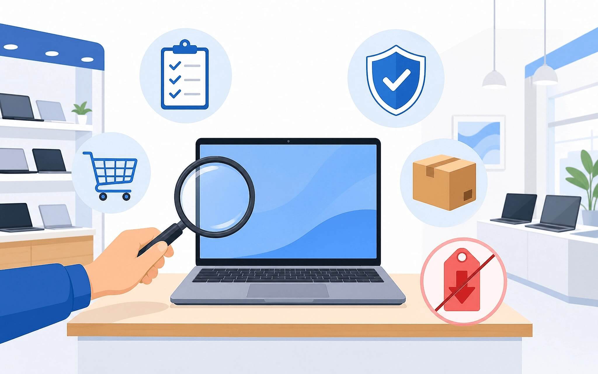 Người mua gõ thử bàn phím và soi màn hình laptop trực tiếp tại cửa hàng