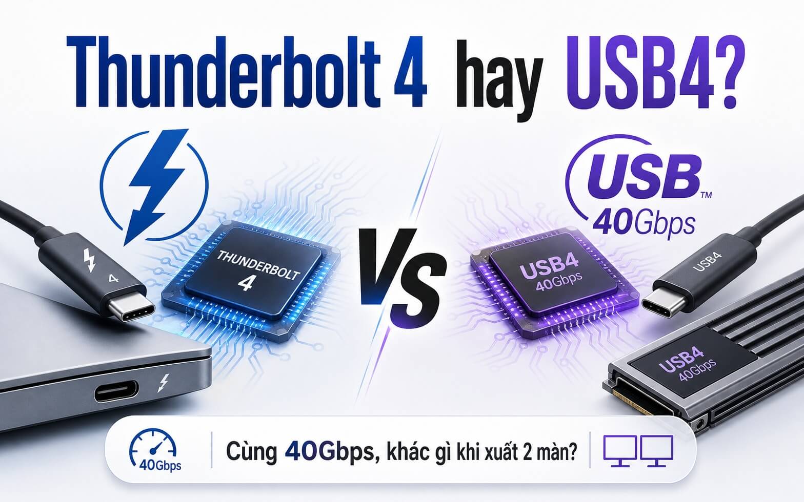 Thunderbolt 4 và USB4 2026: cổng nào thực sự xuất được 2 màn 4K khi dùng dock?