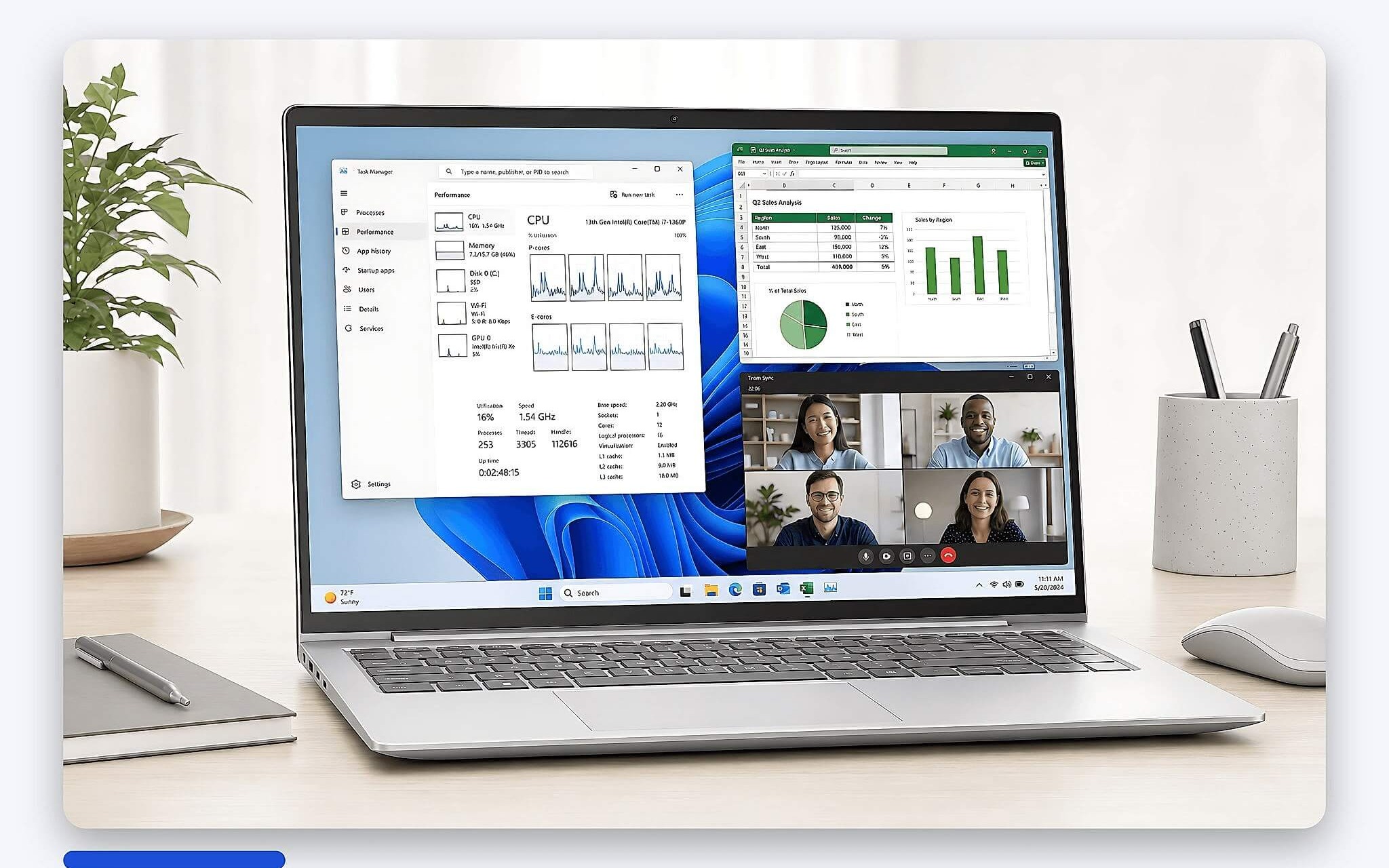 Task Manager hiển thị hai nhóm lõi hiệu năng và lõi tiết kiệm điện trên laptop Intel