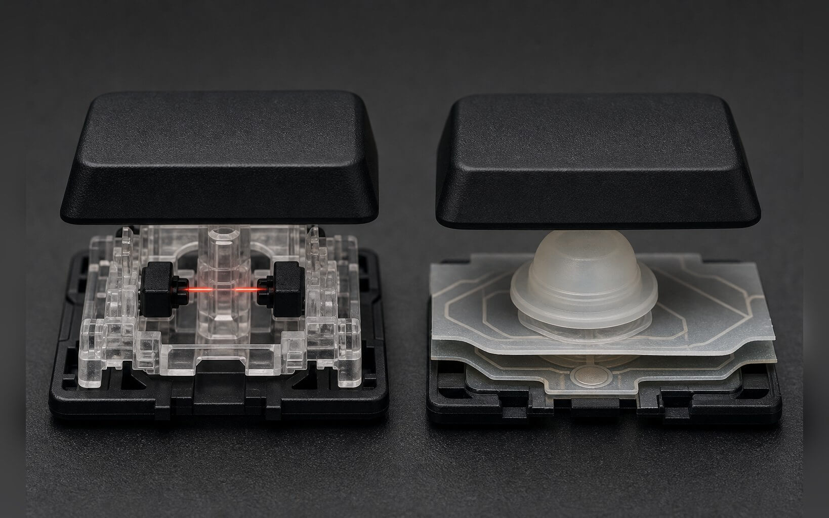 Cận cảnh switch bàn phím optical và phím màng membrane