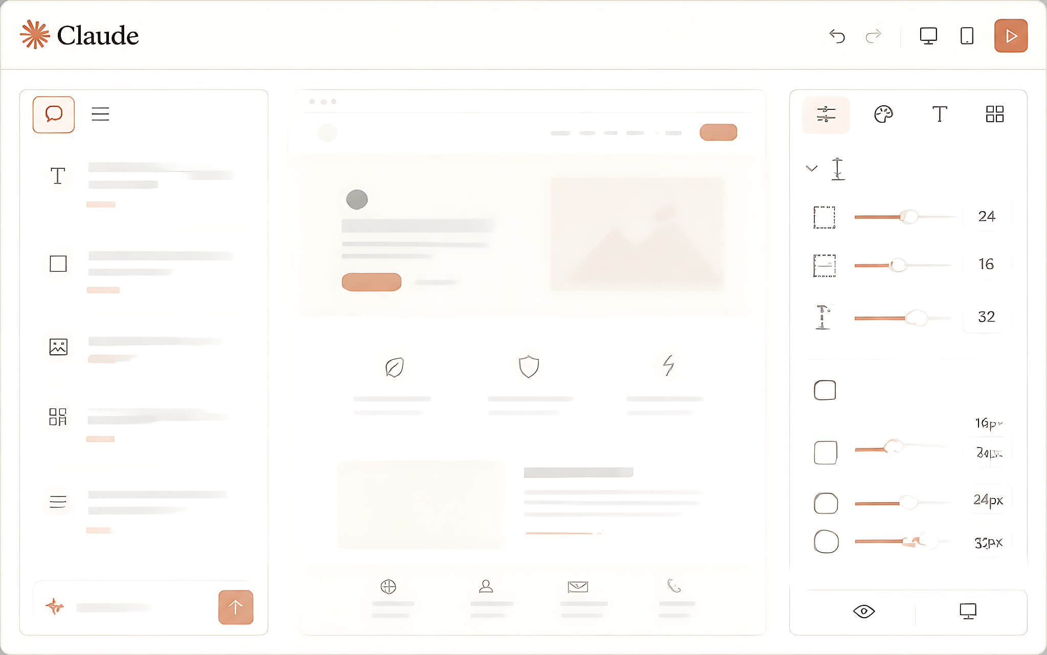 Ba khu vực làm việc khung chat, canvas và thanh trượt trên Claude Design