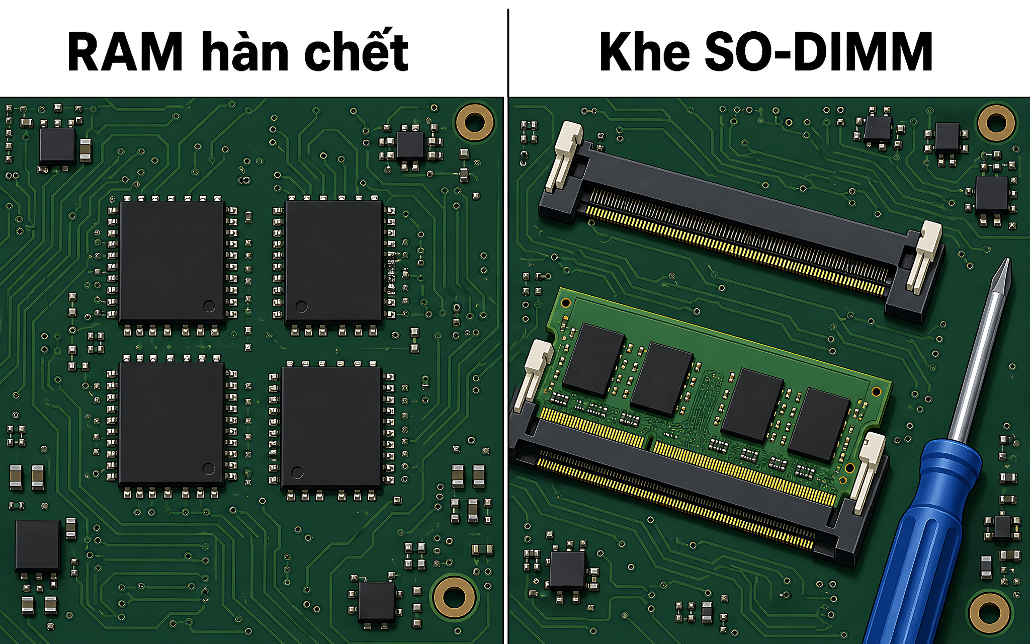 RAM hàn chết trên laptop văn phòng khiến 8GB hết đường nâng cấp