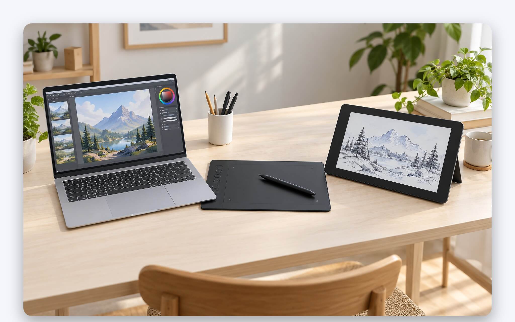 Bảng vẽ điện tử không màn hình đặt cạnh laptop và bảng vẽ có màn hình dùng làm màn hình phụ