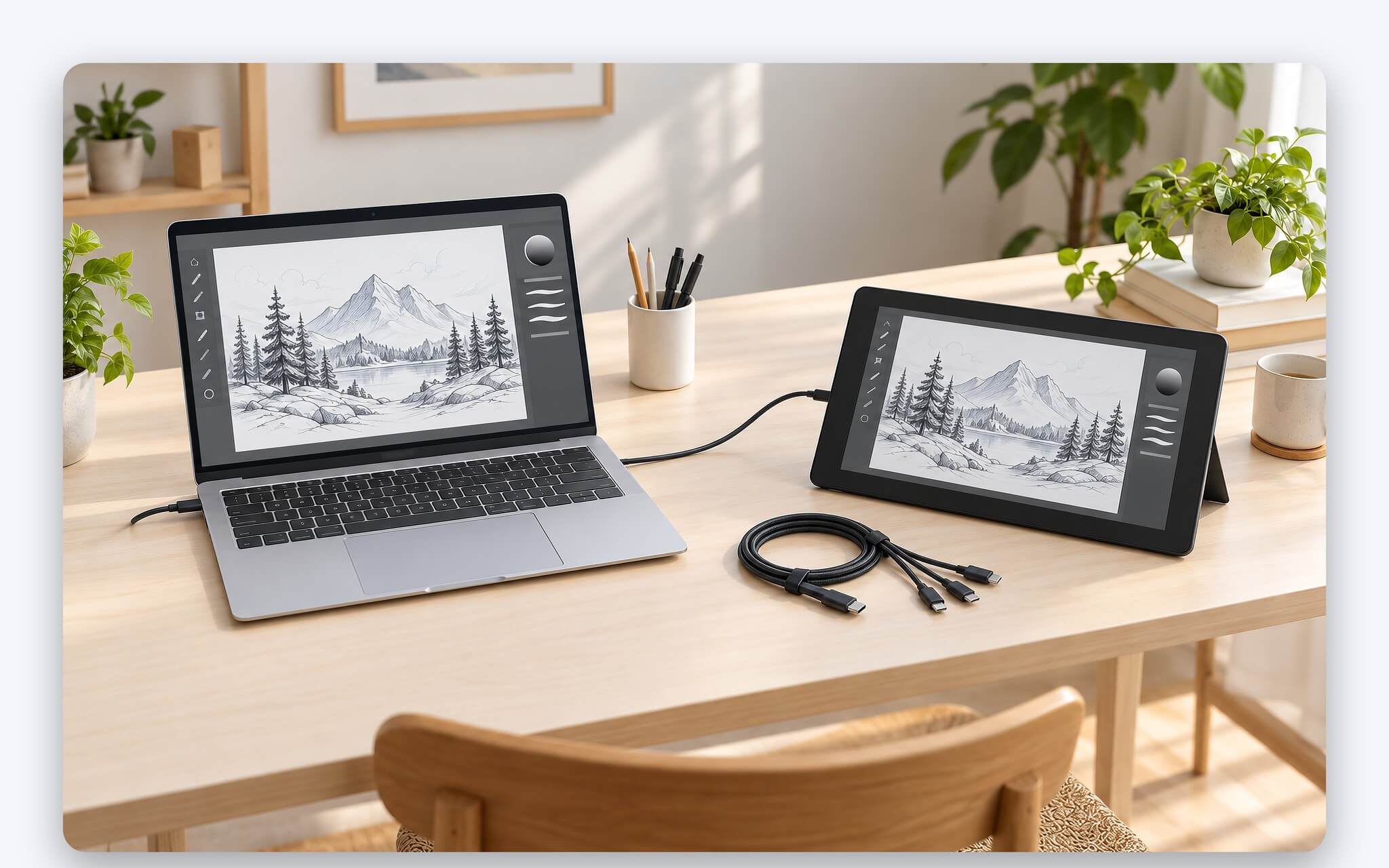 Cắm bảng vẽ có màn hình vào laptop bằng cáp USB-C DisplayPort Alt Mode hoặc cáp 3 trong 1 HDMI