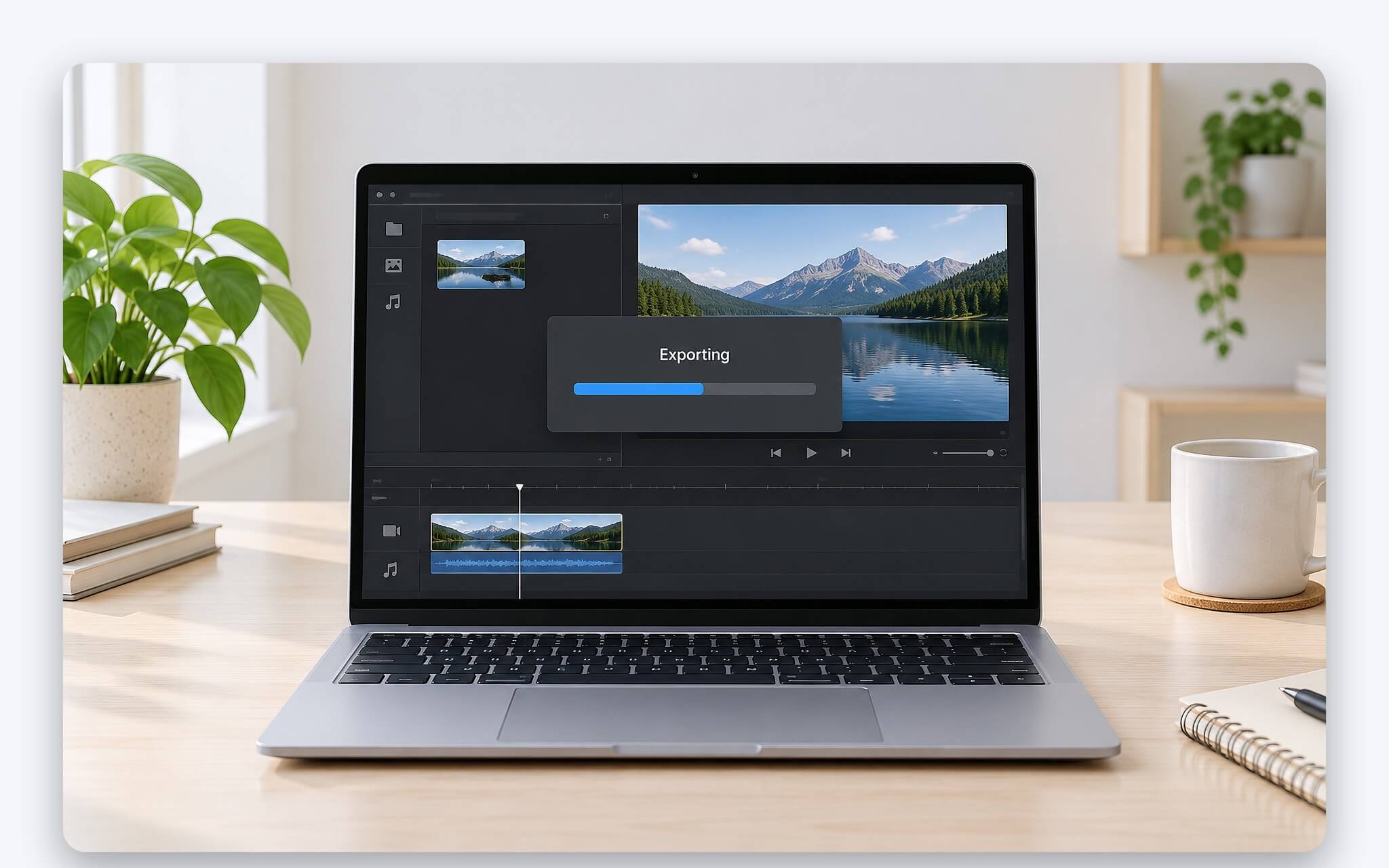 Laptop cho editor đang xuất clip 60 giây từ timeline dựng video